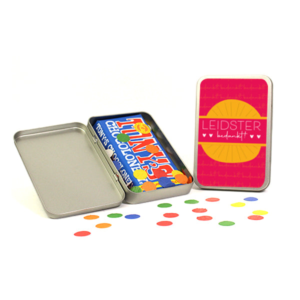 Chocoladereep met confetti in blik
