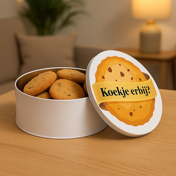 Sfeerfoto koekblik met bedrukking