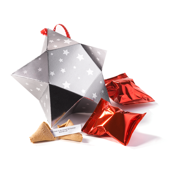 Medium zilveren ster met fortune cookies