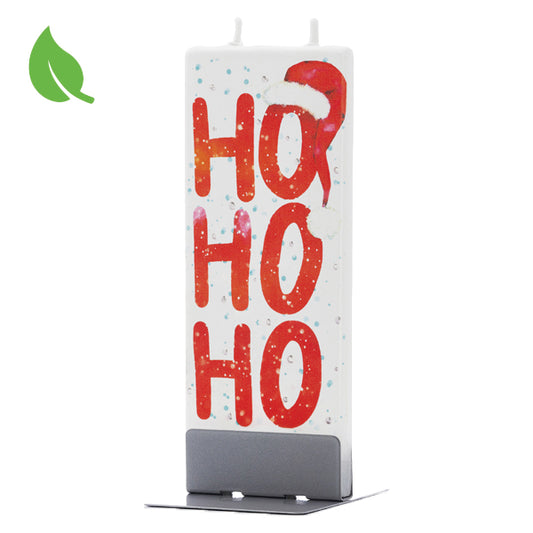 Platte kaars met stalen houder Ho Ho Ho